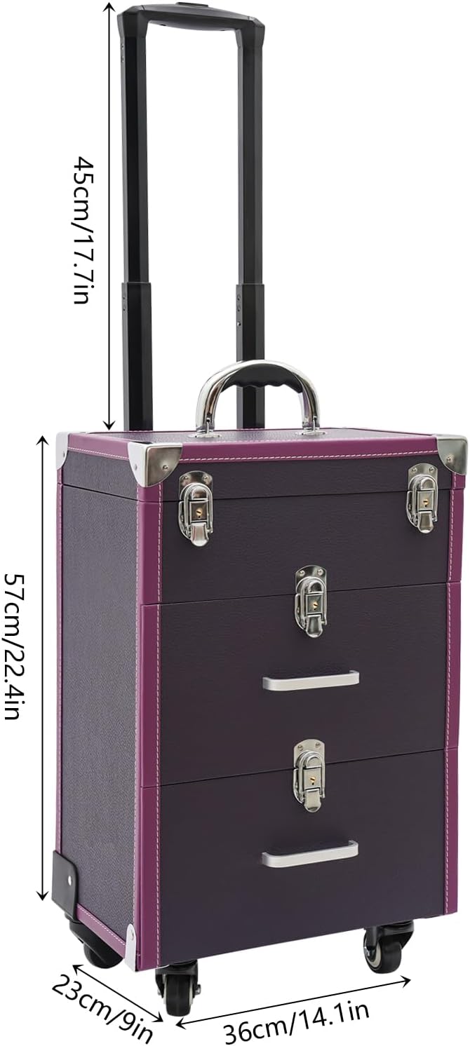 Rolling Makeup Case w/ 2 Keys, 3-tier Lockable Makeup Train Case w/ Drawers, Removable Baffle Nail Polish Organizer, Travel Cosmetic Case w/ 17.7in Telescopic Rod, 14.1*9*22.4in, Silver Latch+Purple