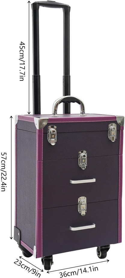 Rolling Makeup Case w/ 2 Keys, 3-tier Lockable Makeup Train Case w/ Drawers, Removable Baffle Nail Polish Organizer, Travel Cosmetic Case w/ 17.7in Telescopic Rod, 14.1*9*22.4in, Silver Latch+Purple