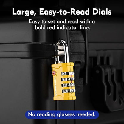 SURE LOCK TSA Accepted 4 Dig Heavy Duty Big Combination Luggage Padlock All Metal Travel Lock for Equipment Hard Case Luggage Gun Case Gym Locker Pelican Vault Lock (2, Yellow)