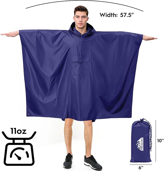 Bruvoalon 3-in-1 Rain Poncho with 1/4 Zip & Chest Pocket, Waterproof, Sunshade, Ground Mat for Adults & Youth Emergency