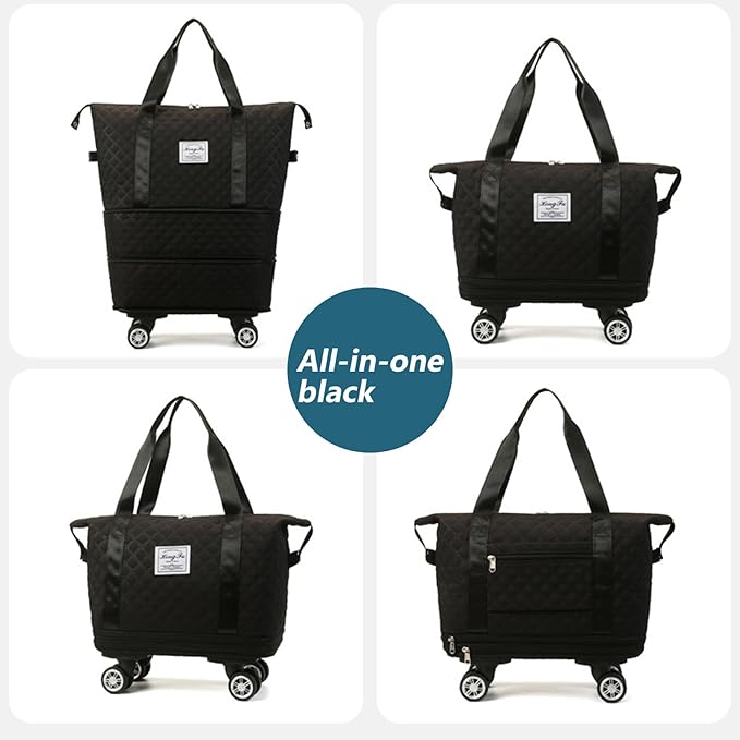 Rolling Duffle Bag with Wheels and Handle, Expandable Foldable Luggage Bag Black