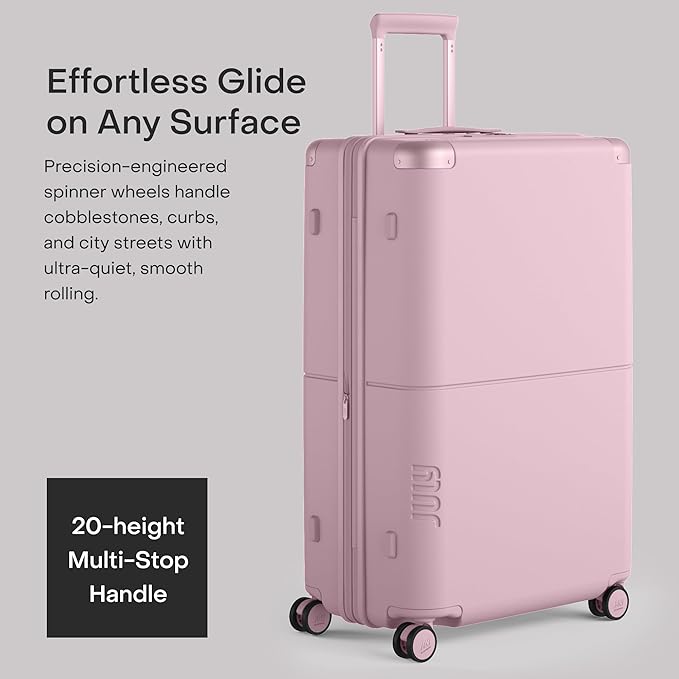 Checked Plus Expandable - 28.75" Airline Approved Check In Luggage with Wheels, Rolling Suitcase for Men & Women - TSA Lock, Silent Spinner Wheels, Expansion Zip, Y-Strap - Blush Pink