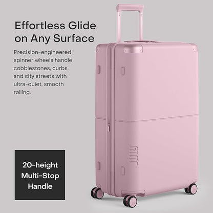Checked Plus Expandable - 28.75" Airline Approved Check In Luggage with Wheels, Rolling Suitcase for Men & Women - TSA Lock, Silent Spinner Wheels, Expansion Zip, Y-Strap - Blush Pink