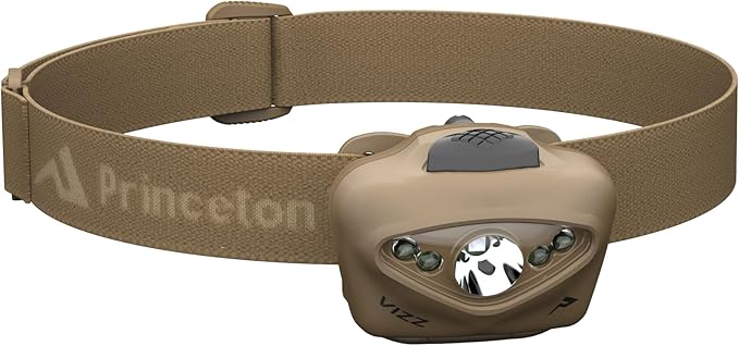 Princeton Tec VIZZ 550 RGB MPLS – 550 Lumen AAA-Powered Tactical Headlamp, Dimmable Spot & Flood White, Red, Green & Blue LEDs, Programmable, IPX7 Waterproof, Ultra-Light, USA Made, Color Tan