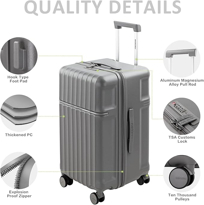 20 Inch Hardside Carry-On Luggage with Spinner Wheels, TSA Lock, Double Zippers, Thick PC Shell, Lightweight Travel Suitcase for Business, Weekend, and International Trips(Grey)