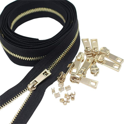MebuZip #3 Upholstery Zipper by The Yard Black Long Tape Metal Zippers 5 Yards with 10pcs Light Gold Zipper Pull for Sewing Tailor Crafts (Gold 5 Yards)