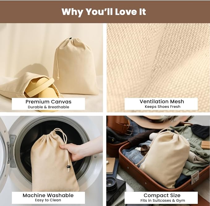 LFH Cotton Shoe Storage Bags with Drawstring, Dustproof Breathable Reusable Organizer, Perfect For Travel, Dorm, Hotel, College, Gym, Easy to Carry, Machine Washable 12"x17" (Pack of 2) - Natural
