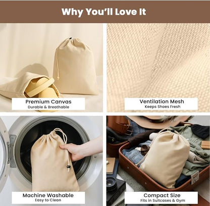 LFH Cotton Shoe Storage Bags with Drawstring, Dustproof Breathable Reusable Organizer, Perfect For Travel, Dorm, Hotel, College, Gym, Easy to Carry, Machine Washable 12"x17" (Pack of 2) - Natural