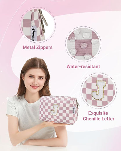 Narwey Birthday Gifts for Teen Girls Kids Women Personalized Initial Checkered Makeup Bag Pink Monogram Cosmetic Bag Trendy Stuff 6 8 10 11 12 13 14 16 18 Years Old Travel Toiletry Bag (Dusty Rose J)