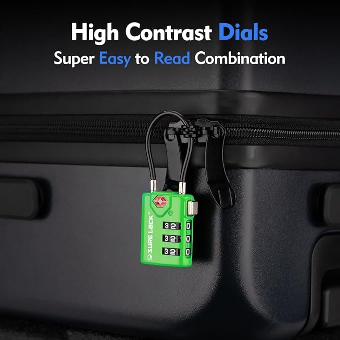 SURE LOCK TSA Compatible Travel Luggage Locks, Inspection Indicator, Easy Read Dials TSA Approved with Zinc Alloy Green 4PACK