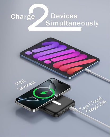 podoru for Magsafe Battery Pack, 5000mAh Magnetic Power Bank with Type-C Cable 20W PD Fast Charging Lighting Input Wireless Portable Charger for iPhone 17/16/15/14/13/12/ All Series-Black