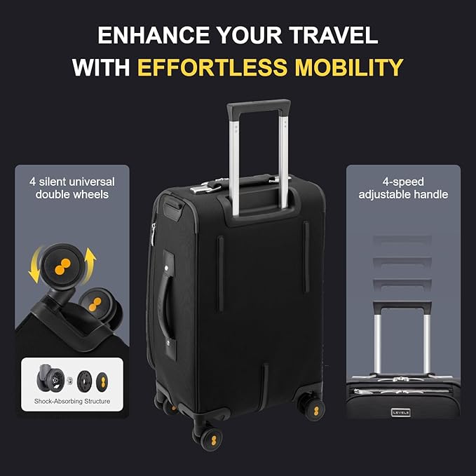LEVEL8 Carry On Luggage with Compartment, 20 Inch Softside Expandable Travel Suitcase with Spinner Wheels, Top Opening Luggage, Men and Women, Black