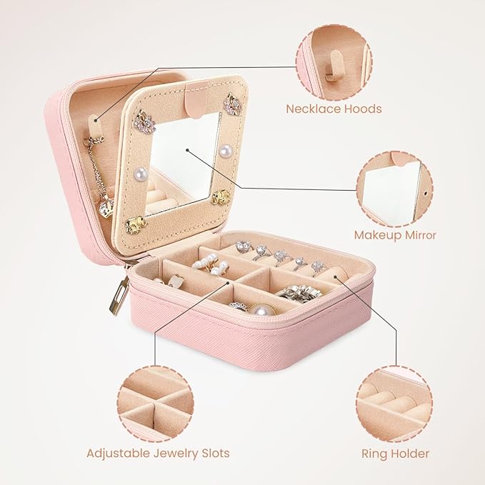 SANDJEST Personalized Jewelry Box, Pink Travel Jewelry Box with Initial U, Small Monogrammed Jewelry Case Organizer for Girls Women Teen Kids, Mini Travel Essentials Gifts for Birthday Christmas