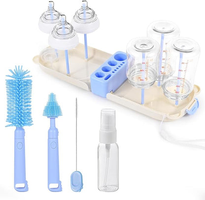 Portable 7-in-1 Baby Bottle Brush Set, Travel Cleaner Kit for Travel and Home, All-in-One Travel Baby Bottle Washing Kit: Integrated Cleaning & Drying System for Bottles and Breast Pump Parts (Blue)