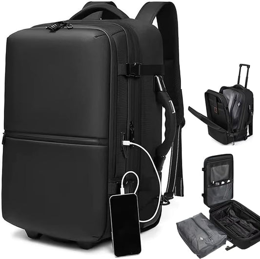 60L Vacuum Compression Backpack with Wheels Expandable Men Waterproof Carry On Luggage Travel Backpacks 17 inch Laptop Backpack Flight Approved (No Pump)