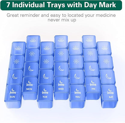 XL Pill Organizer 4 Times a Day, BUG HULL Extra Large Weekly Pill Box Case, 7 Day Vitamin Container Daily Pill Holder for Cod-liver oil, Vitamins, Supplements (Royal Blue)