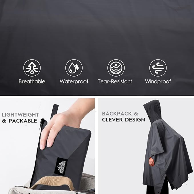 Bruvoalon 3-in-1 Rain Poncho with 1/4 Zip & Chest Pocket, Waterproof, Sunshade, Ground Mat for Adults & Youth Emergency