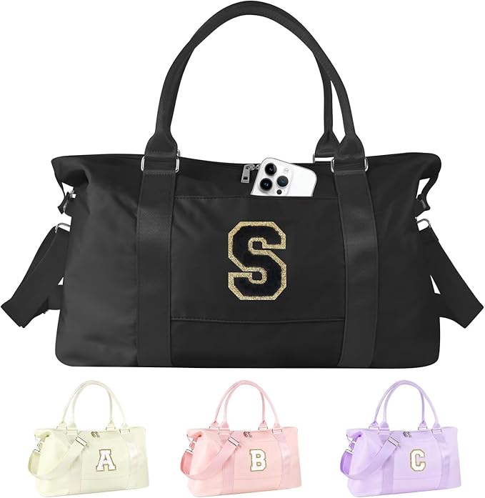 Dance Gym Duffel Bag for Teen Girls, Personalized Initial Travel Weekender Bag,Cute Overnight Carry On Duffle for Women,Sports Travel Cheer Bag,Monogram Christmas Gifts for Tween Preppy(black-S)