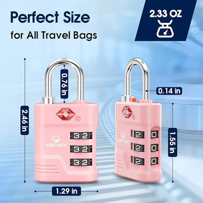 SURE LOCK TSA Locks for Luggage, TSA Approved Luggage Locks with Open Alert, 008 Key for High Security, Easy Read Dials, Zinc Alloy Body, Locker Lock for Suitcase, Gym, Travel.(Pink 2 pk)