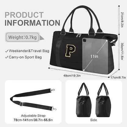 Dance Gym Duffel Bag for Teen Girls, Personalized Initial Travel Weekender Bag,Cute Overnight Carry On Duffle for Women,Sports Travel Cheer Bag,Monogram Christmas Gifts for Tween Preppy(black-P)
