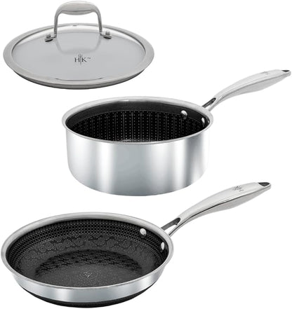 Hell's Kitchen Hybrid 3 Piece Set, 8-inch Frying Pan, 2.5 Qt Saucepan and Tempered Glass Lids, Tri-Clad Stainless Steel and PFAS-Free Ceramic Nonstick, Metal Utensil Safe, All Cooktops, Oven Safe