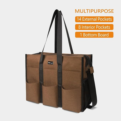 TOPDesign Utility Water Resistant Tote Bag with 22 Pockets, Top Zipper Closure & Thick Bottom Support, for Working Women