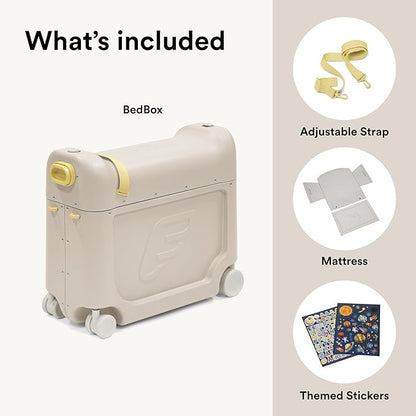 Stokke JetKids BedBox, Moonglow White - Ride-On Suitcase for Kids 2-7 Years Old (up to 77 lbs) - Transforms Into Bed - Includes Mattress, Decorative Stickers & Adjustable Carrying Strap