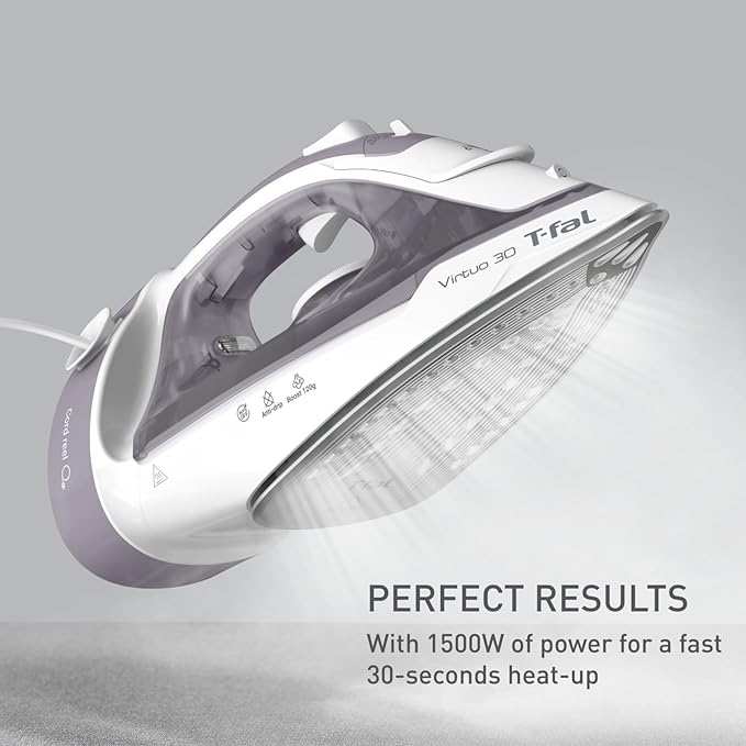 T-Fal Virtuo Steam Iron for Clothes with Retractable Cord, Portable Iron and Steamer for Clothes, Ceramic Nonstick Soleplate, 1500 Watts, Anti-Drip, Auto-Off, Scratch Resistant, Grey