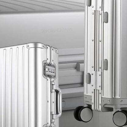 28-inch Aluminum Checked Suitcase: Silver - Full Metal Shell - Crush-Resistant & Burst-Proof, TSA Lock & Spinner Wheels for Business Travel - Men Women