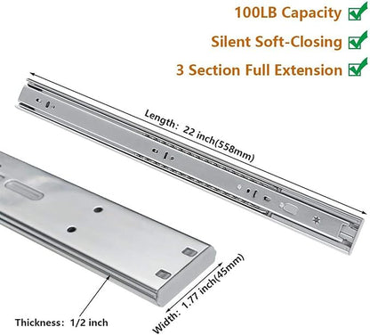 LONTAN 15 Pairs 22 Inch Soft Close Drawer Slides Heavy Duty Dresser Drawer Glides Metal Ball Bearing Full Extension Kitchen Cabinet Rails 100 LB Capacity