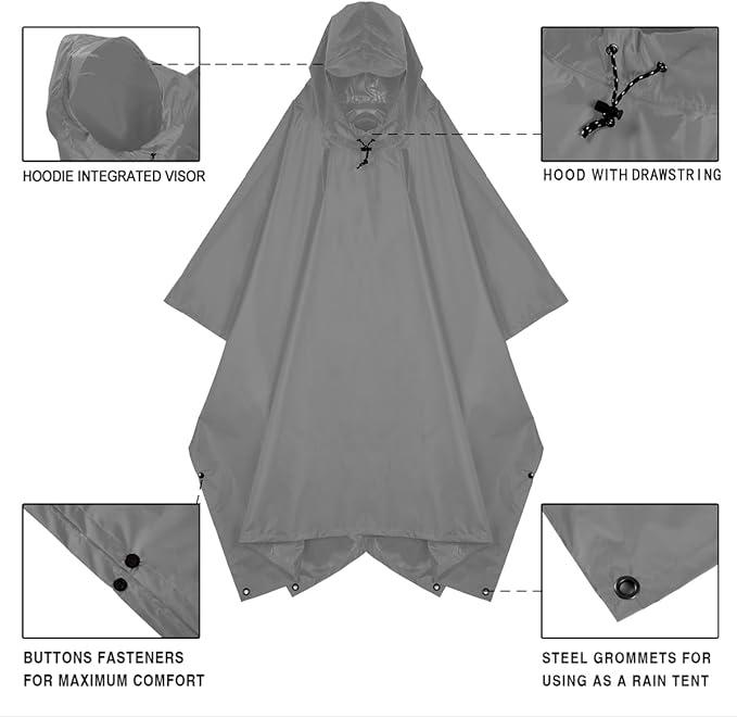 Hooded Rain Poncho for Adult, Waterproof Lightweight Raincoat for Hiking Camping