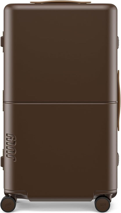 Checked Trunk - 26.8" Zipperless Airline Approved Check In Luggage with Wheels, 80/20 Opening Spinner Suitcase - TSA Lock Rolling Suitcase, Spinner Wheels, Y-Strap - Matte Brown