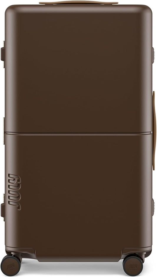 Checked Trunk - 26.8" Zipperless Airline Approved Check In Luggage with Wheels, 80/20 Opening Spinner Suitcase - TSA Lock Rolling Suitcase, Spinner Wheels, Y-Strap - Matte Brown