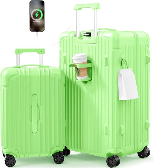 Krute Luggage Sets 2 Piece Suitcase with Spinner Wheels PC+ABS Hardside Suitcases Charging Port TSA Lock Carry On Luggage with Cup Holder 20+28 Inch