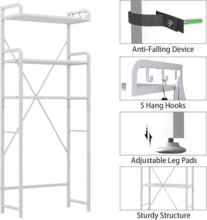 Over The Toilet Storage Rack with 3-Tier Bathroom Shelves, Space Saver Toilet Shelf, Bathroom Storage Organizer with Hooks for Over Toilet Storage and Shelf (White)
