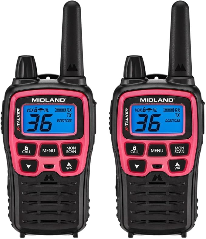 Midland® T71PNK X-TALKER FRS Walkie Talkies with NOAA Weather Scan & Alert – Long Range Two-Way Radios – 36 Channels, 121 Privacy Codes – for Camping, Overlanding, Rock Crawling – Black/Pink, 2 Pack
