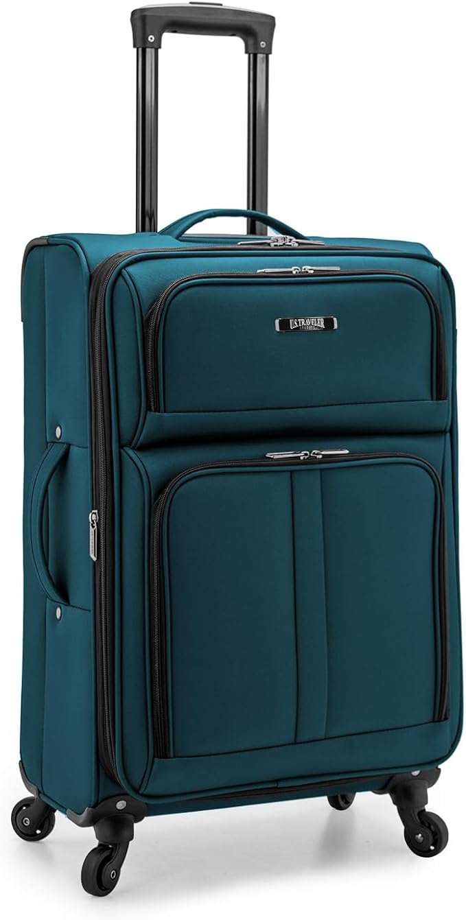 U.S. Traveler Anzio Softside Sturdy Ballistic Nylon Expandable Travel Suitcase Luggage with 4 Spinner Wheels, Teal, Checked-Medium 26-Inch