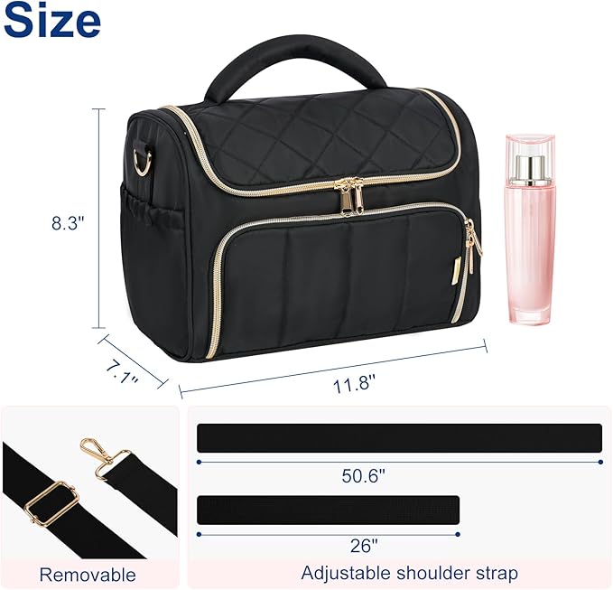 Travel Toiletry Bag Large Cosmetic Makeup Bag Organizer for Women,Wide-open Make Up Bag Waterproof Makeup Case Travel Bag with Handle and Dividers for Toiletries,Essentials,Accessories,Black