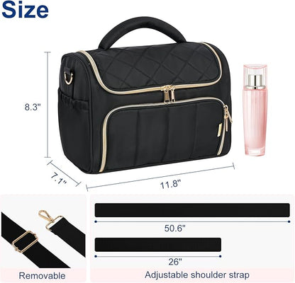 Travel Toiletry Bag Large Cosmetic Makeup Bag Organizer for Women,Wide-open Make Up Bag Waterproof Makeup Case Travel Bag with Handle and Dividers for Toiletries,Essentials,Accessories,Black