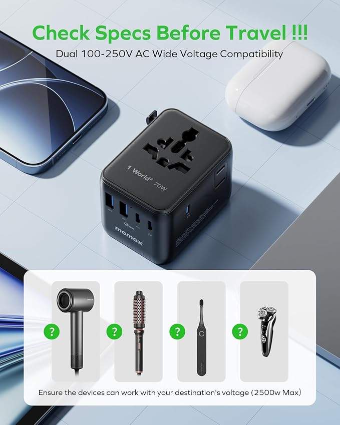 MOMAX Mini 7-in-1 Universal Travel Adapter, GaN 70W International Power Adapter, 2 AC, 3 USB-C PD Fast Charging & 2 USB-A QC, Travel Essentials for All European Travel Plug Adapter UK AUS JP