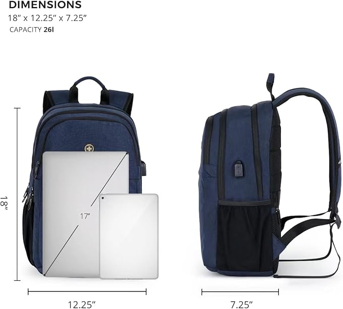 Swissdigital Design College 17 inch Laptop Backpack, Slim Business Travel Laptop Backpack With USB Charging Port For Women & Men Laptop Dark Blue (BIBERSTEIN SD1636-12)