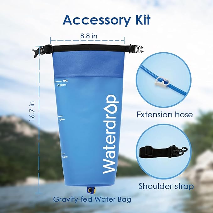 Waterdrop Gravity Water Bag for Camping, Travel, Backpacking, Hiking and Emergency, Compatible with Water Filter Straw, Flex Foldable, 1.5 Gal Bag