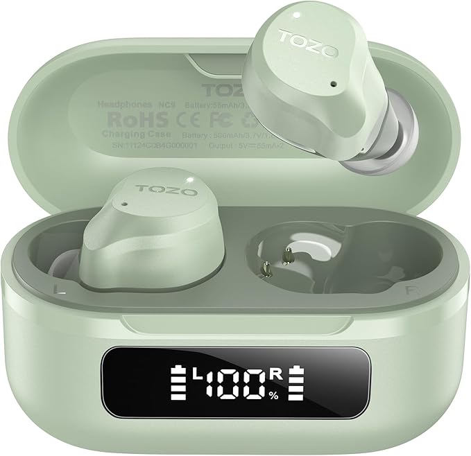 TOZO NC9 Hybrid Active Noise Cancelling Wireless Earbuds, 6 Mics ENC Clear Call, IPX8 Waterproof, in Ear Bluetooth 5.3 Headphones Stereo Bass Ear Buds 59H Playtime with LED Display 32 EQs via APP