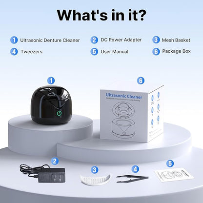 Ultrasonic Retainer Cleaner - UV Dental Cleaning Pod Night Guard Cleaner for Dentures, Aligner, Braces, Toothbrush Heads, Jewelry (Black)