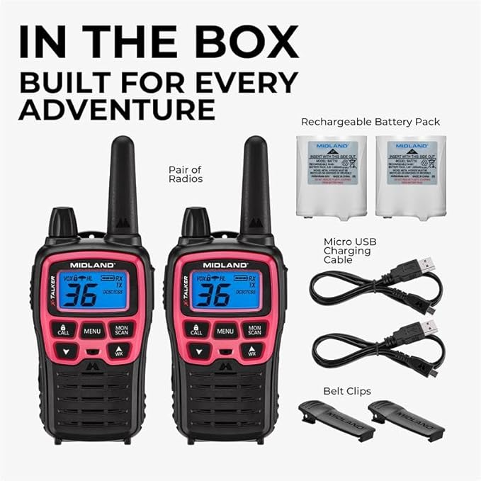 Midland® T71PNK X-TALKER FRS Walkie Talkies with NOAA Weather Scan & Alert – Long Range Two-Way Radios – 36 Channels, 121 Privacy Codes – for Camping, Overlanding, Rock Crawling – Black/Pink, 2 Pack