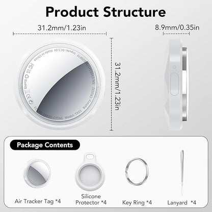 Air Tracker Tags-4 Pack White | Bluetooth Tracker Work with Apple Find My (iOS Only), Smart Tag with Protective Case/Keychain/Lanyard, Item Finder for Luggage/Key/Suitcase, Replaceable Battery