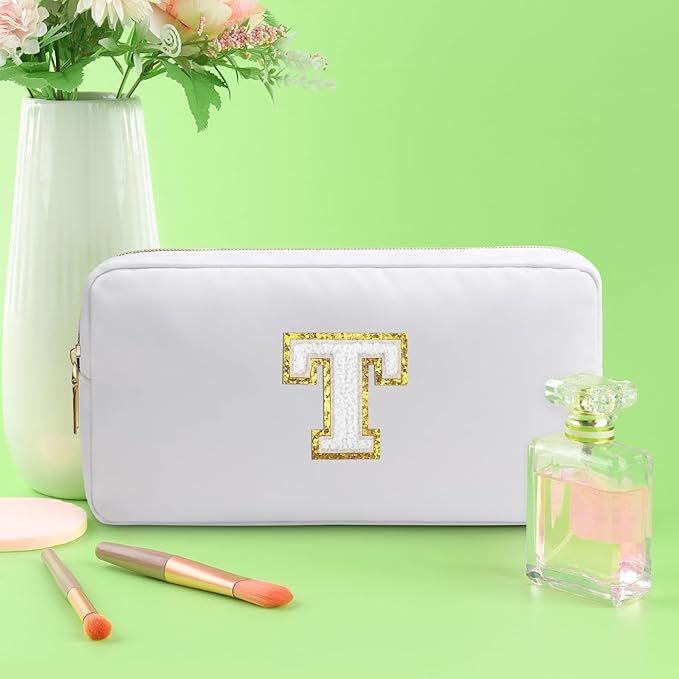 Initial T Makeup Bags Initial Letter A-Z Cosmetic Bag for Women Friends Daughter Sister Mom Inspirational Gifts Travel Toiletry Bag Christmas Birthday Gifts for Her Bridesmaid Bff Makeup Pouch T