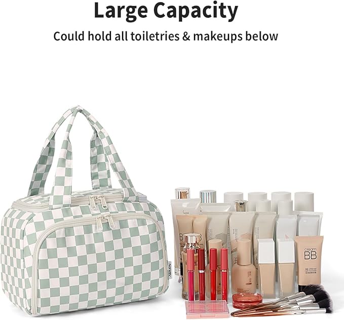 Narwey Large Travel Toiletry Bag, Wide-open Travel Bag for Toiletries, Toiletry Bags for Traveling Women, Cosmetic Make Up Makeup Bag Organizer with Wet Pocket, Skincare Bag (Mint Green Checkerboard)