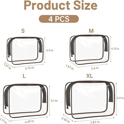 4 Pcs Clear Toiletry Bag, Portable Makeup Cosmetic Bags Pouch with Zipper, PVC Clear Travel Pouch for Women Men - Brown