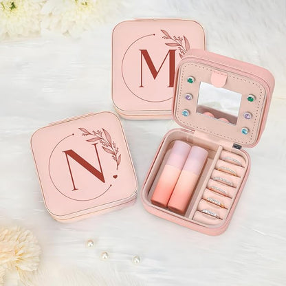 SANDJEST Personalized Jewelry Box, Pink Small Travel Jewelry Box with Initial N, Monogrammed Jewelry Case Organizer for Girls Women Teen, Mini Travel Essentials Gifts for Christmas Birthday